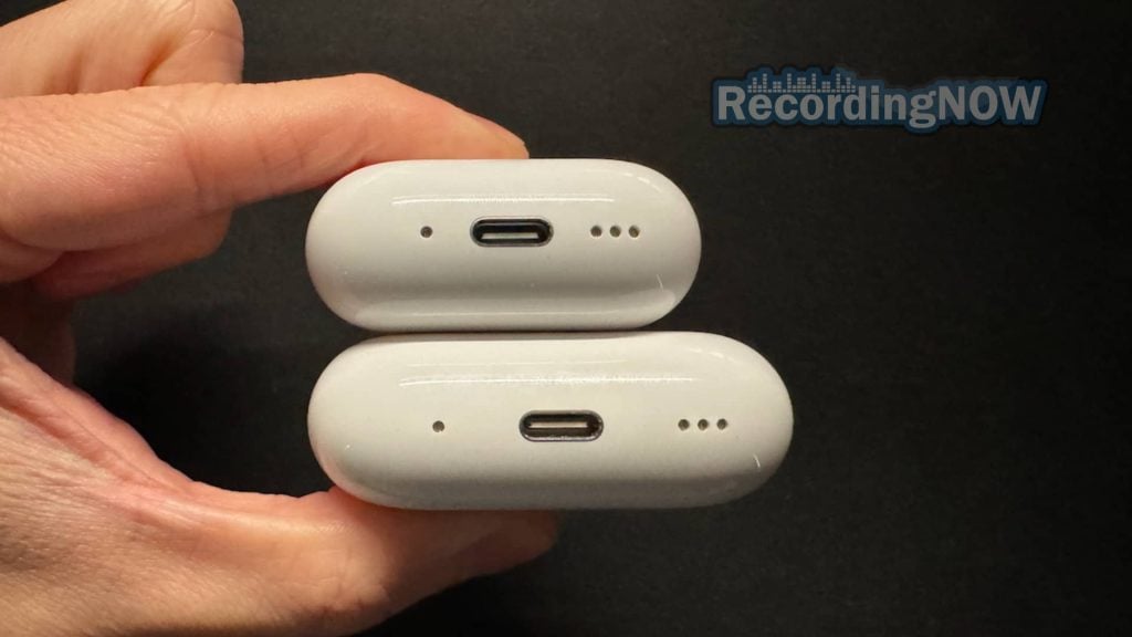 Apple AirPods 4th gen vs Pro 2nd gen case size compared from the bottom