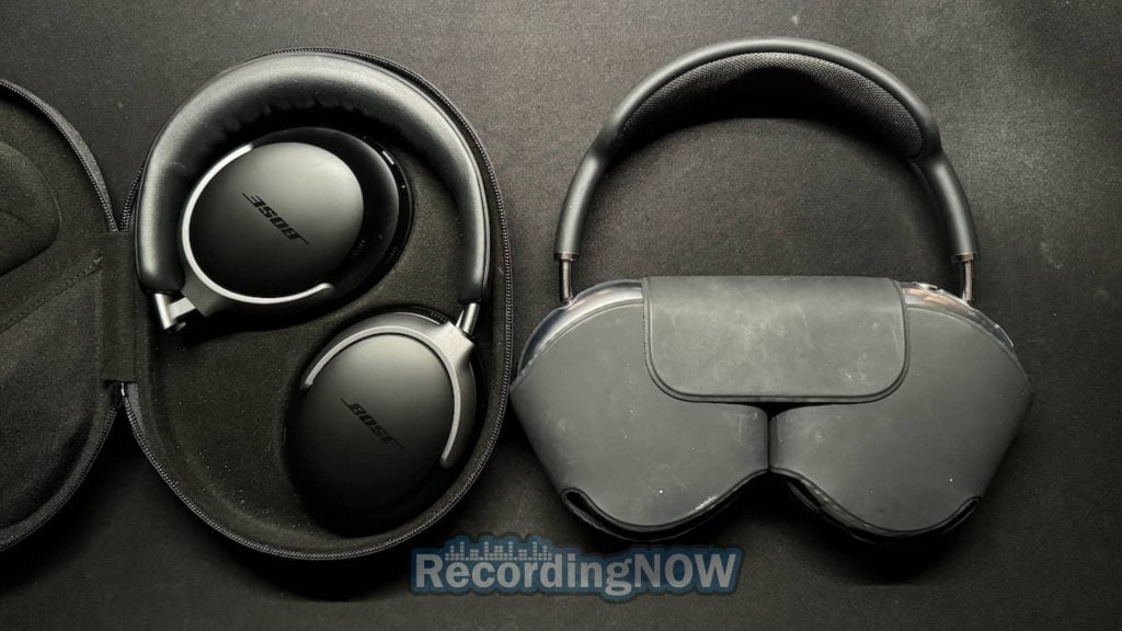 Bose QuietComfort Ultra in hardshell case and Apple AirPods Max smart case