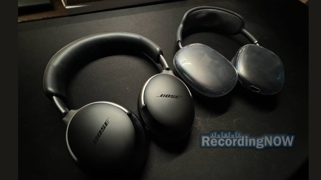 Close up of Bose QuietComfort Ultra vs Apple AirPods Max headphones side by side on desk