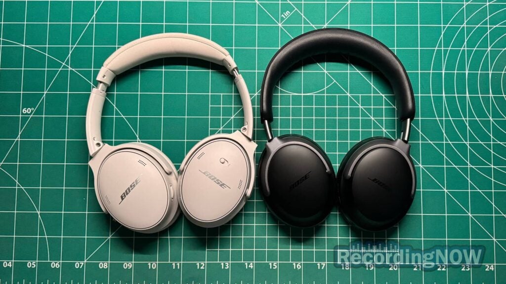 Bose QC45 vs Bose QC Ultra side by side laid flat on desk