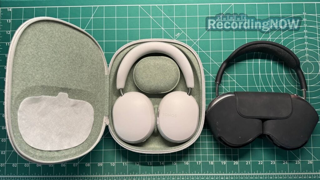 Sonos Ace in hardshell case and Apple AirPods Max smart case