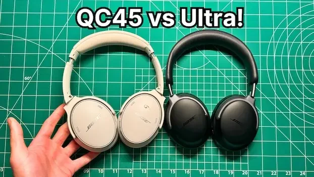 Holding Bose QuietComfort 45 vs Ultra headphones side by side in hand