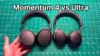 Sennheiser Momentum 4 vs BoseQuietComfort Ultra headphones held side by side in hand