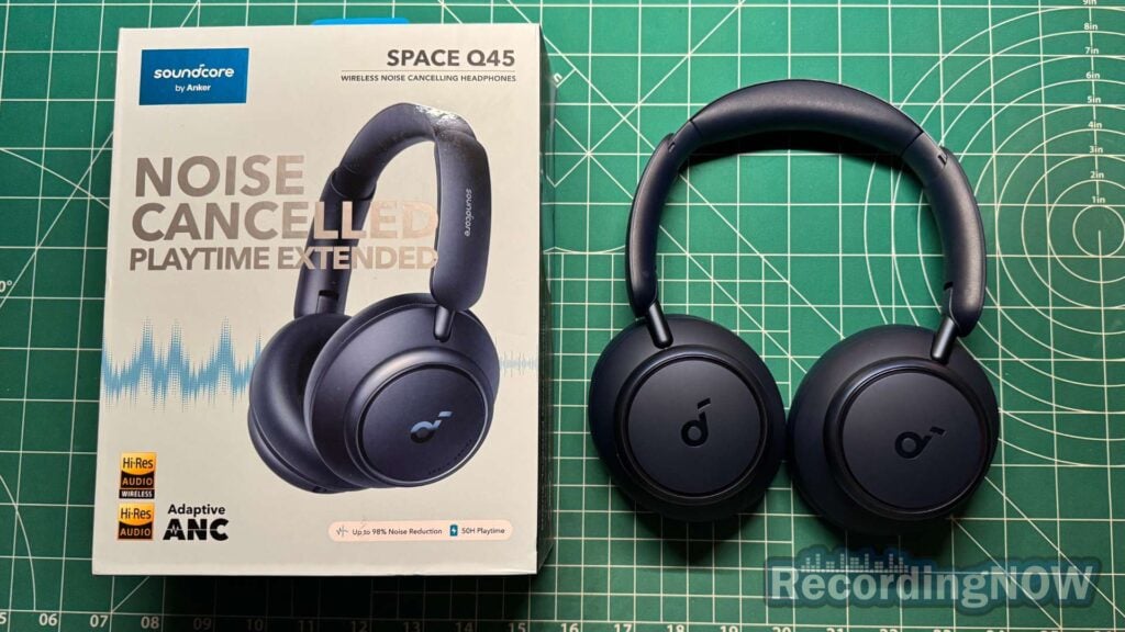 Anker Soundcore Space Q45 headphones next to original box packaging