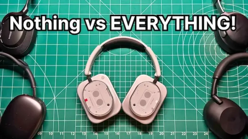 Nothing Headphone 1 in white with Apple AirPods Max, Sony WH-1000XM6, Bose QuietComfort Ultra, and Bowers & Wilkins Px7 S3 in background