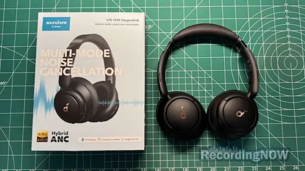 Anker Soundcore Life Q30 headphones next to original box packaging