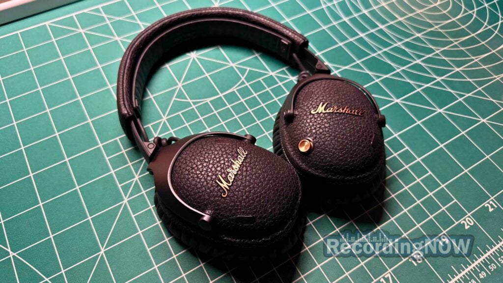 Close up of Marshall Monitor 3 ANC headphones in Black on desk