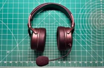 Audeze Maxwell gaming headphones with mic attachment on desk