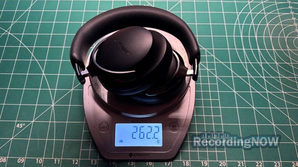 Bose QuietComfort Ultra 2nd gen weight of 262.2 grams on scale