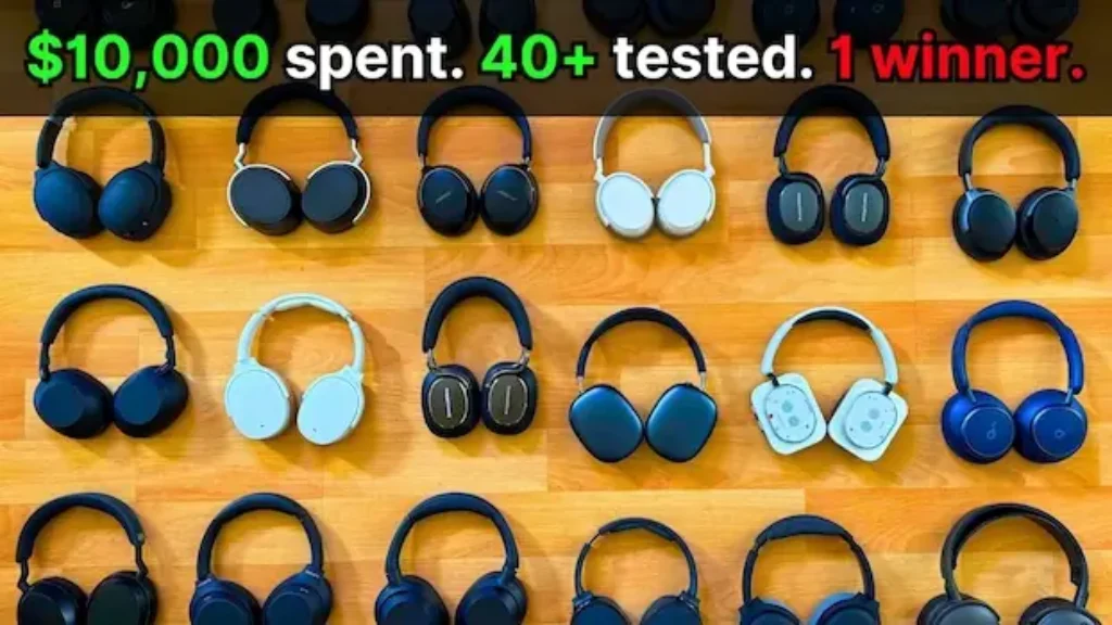 many wireless noise cancelling over-ear headphones spread out along floor