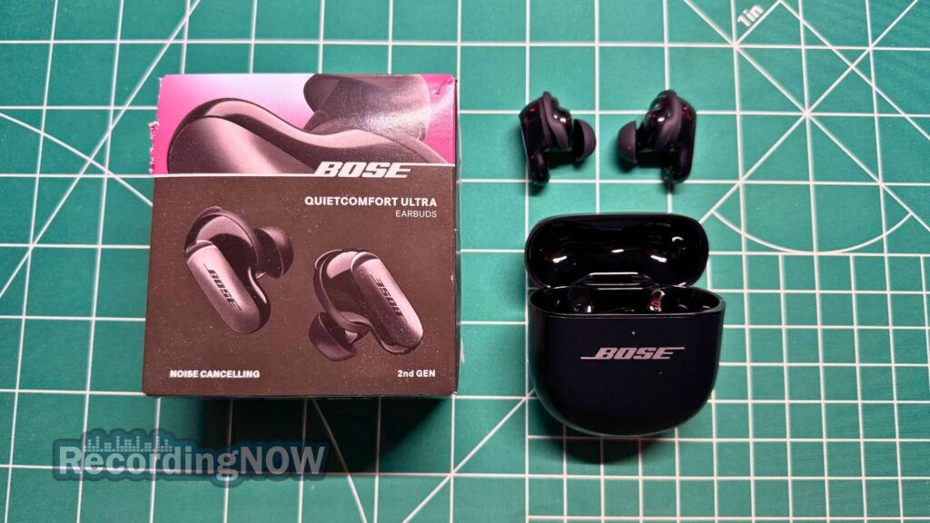 Bose QuietComfort Ultra Earbuds original 2nd Generation next to charging case and original box