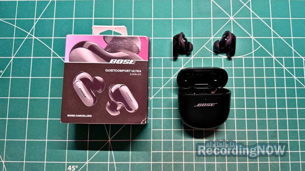 Bose QuietComfort Ultra Earbuds original 1st Generation next to charging case and original box