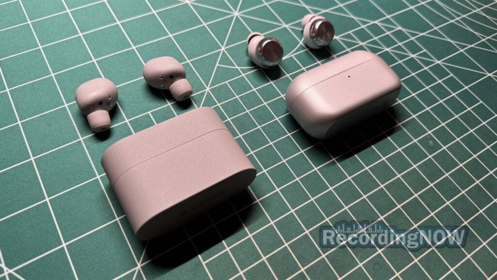 Sony XM6 earbuds and charging case next to Technics AZ100 earbuds and charging case