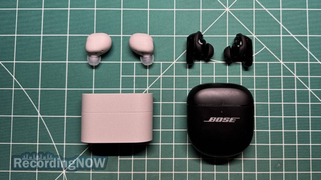 Sony XM6 earbuds next to Bose QC Ultra 2 earbuds