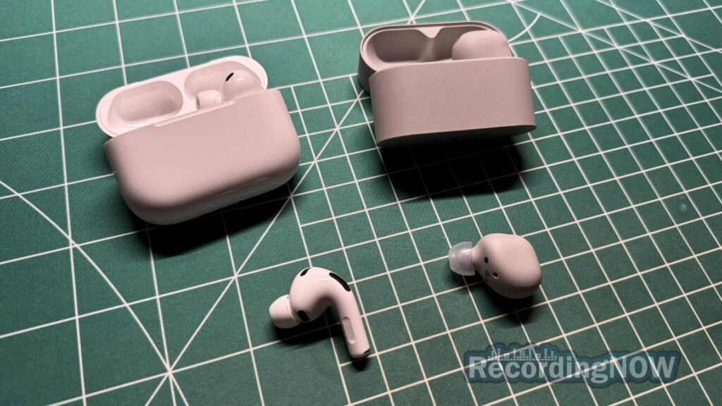 Apple AirPods Pro 3rd Generation and Sony WF-1000XM6 charging case and earbuds side by side