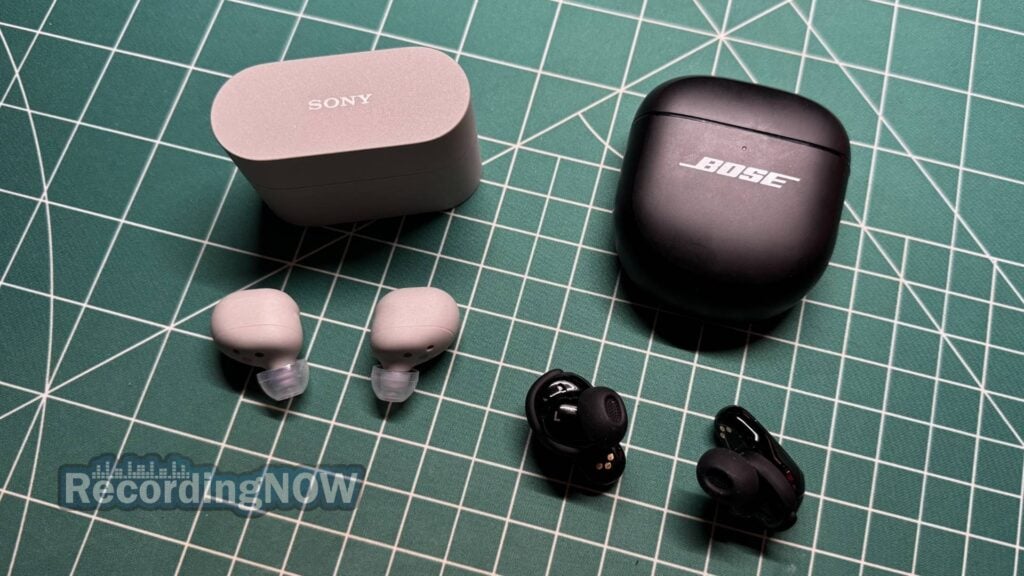 Sony WF-1000XM6 earbuds and charging case next to Bose QC Ultra 2nd Gen Earbuds and charging case