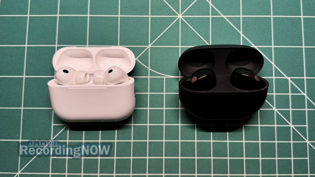 Apple AirPods Pro 3rd Generation and Sony WF-1000XM5 charging cases side by side
