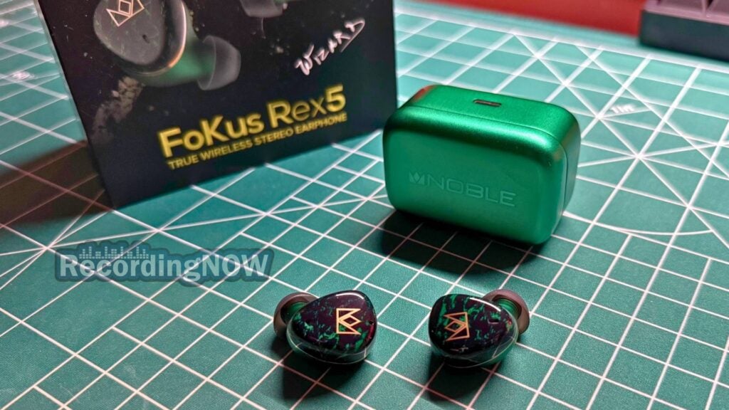 Noble FoKus Rex 5 wireless noise cancelling earbuds next to charging case and original box packaging