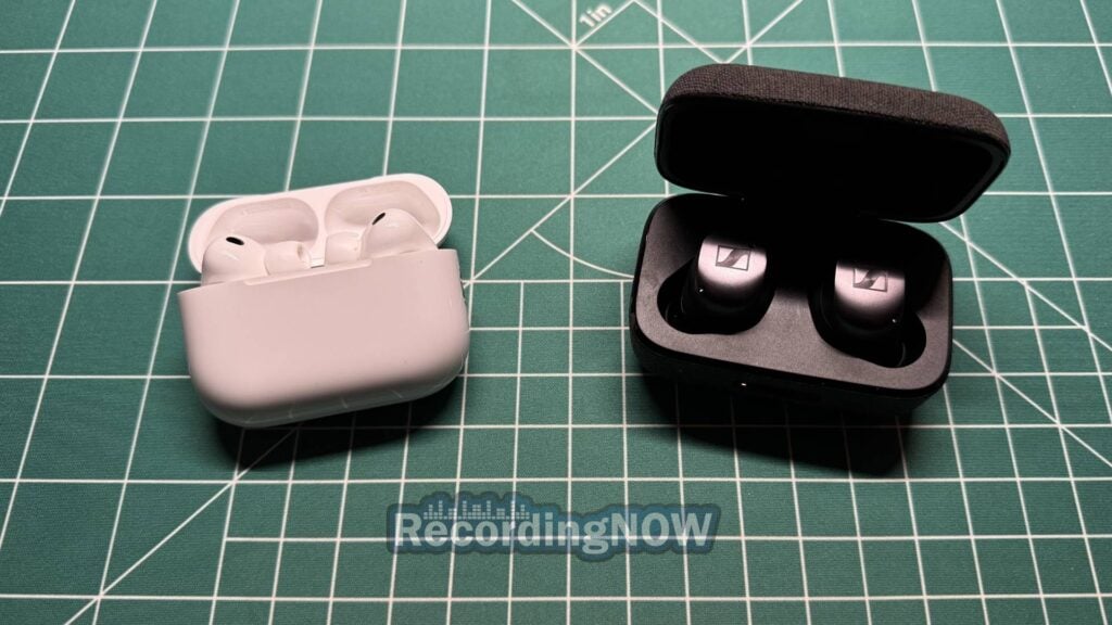 Apple AirPods Pro 3rd Generation and Sennheiser Momentum True Wireless 4 charging cases side by side