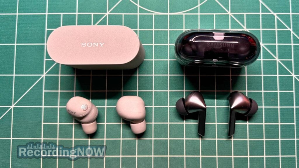 Sony WF-1000XM6 earbuds and charging case next to Samsung Galaxy Buds3 Pro Earbuds and charging case