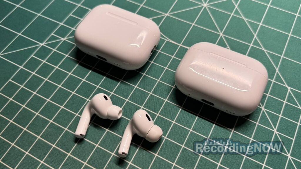 Apple AirPods Pro 3rd Generation and AirPods Pro 2nd Generation charging case and earbuds side by side