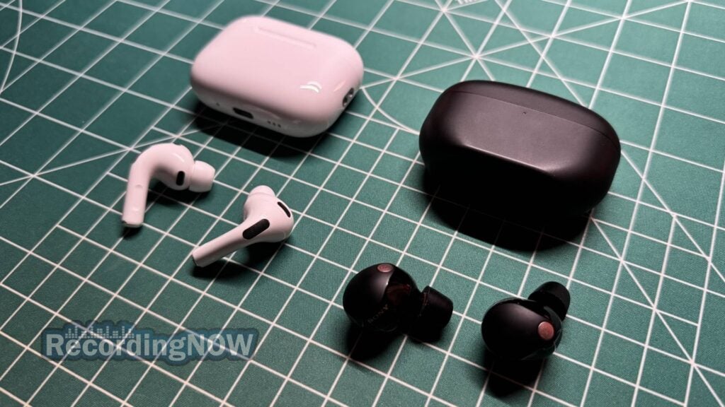 Apple AirPods Pro 3rd Generation vs Sony WF-1000XM5 earbuds and charging cases side by side comparison
