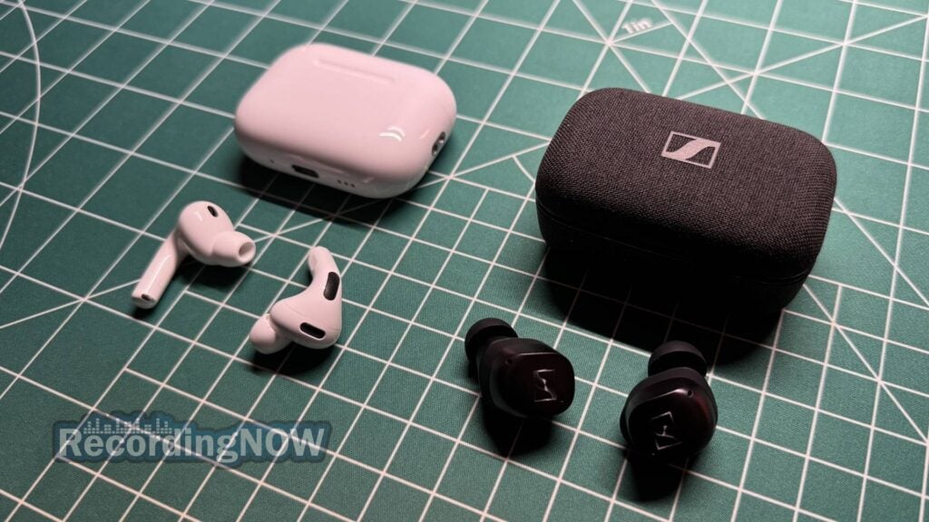 Apple AirPods Pro 3rd Generation vs Sennheiser Momentum True Wireless 4 earbuds and charging cases side by side comparison