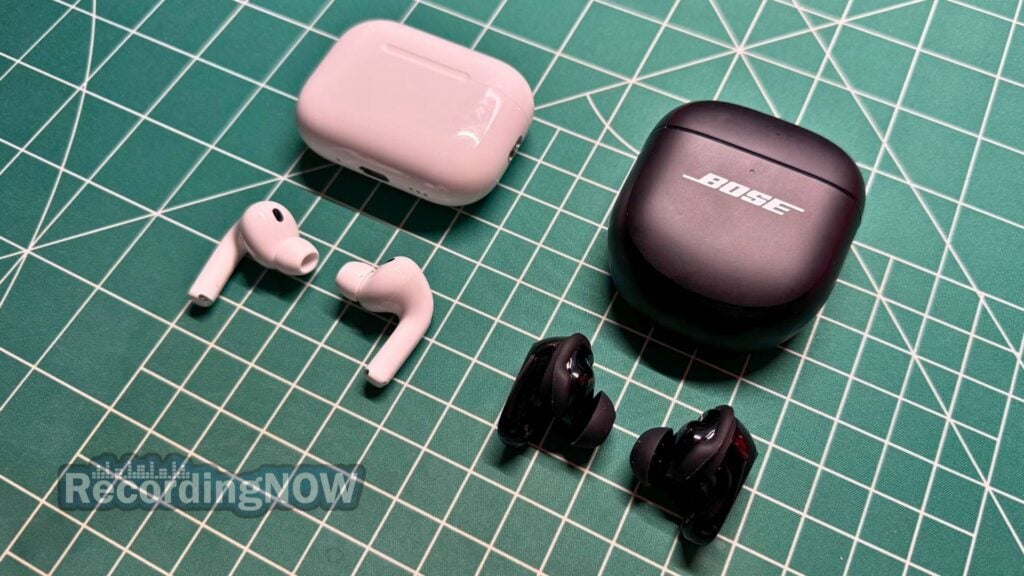 Apple AirPods Pro 3rd Generation and Bose QC Ultra 2 Earbuds on desk