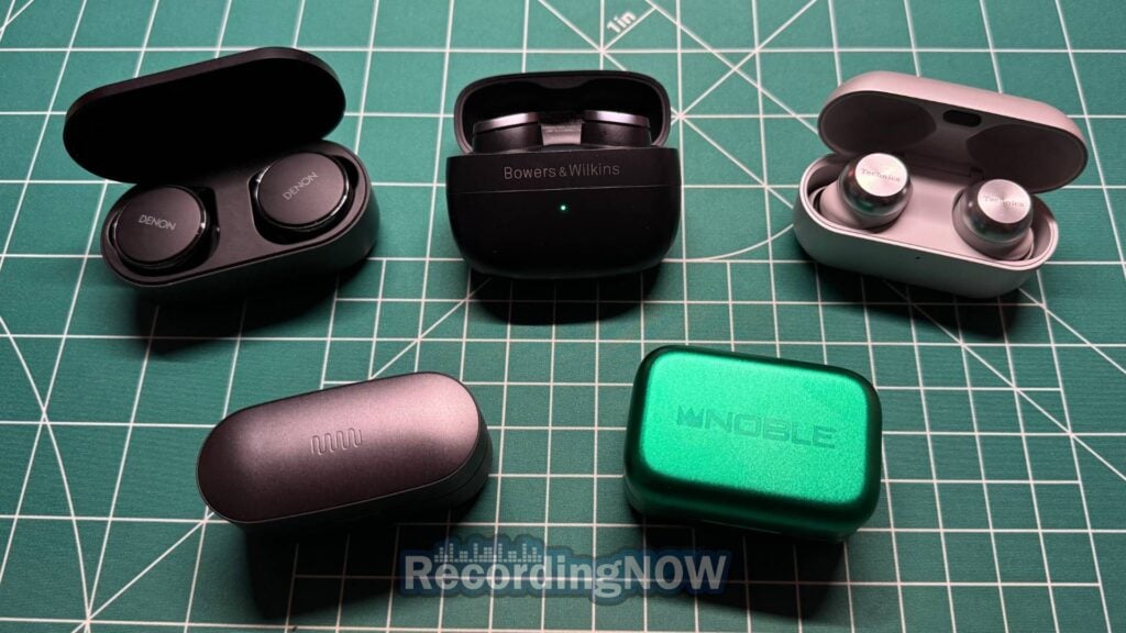 Denon PerL Pro, Bowers & Wilkins Pi8, Technics EAH-AZ100, Status Audio Pro X, and Noble FoKus Rex 5 next to each other