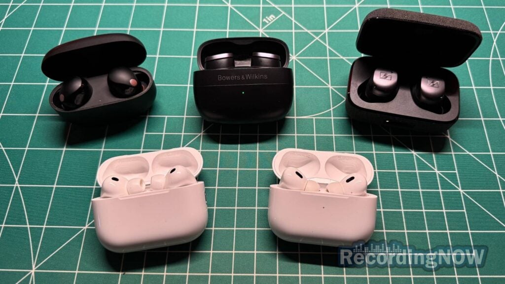 Sony WF-1000XM5, Bowers & Wilkins Pi8, Sennheiser Momentum True Wireless 4, Apple AirPods Pro 3rd Generation, AirPods Pro 2nd Generation next to each other