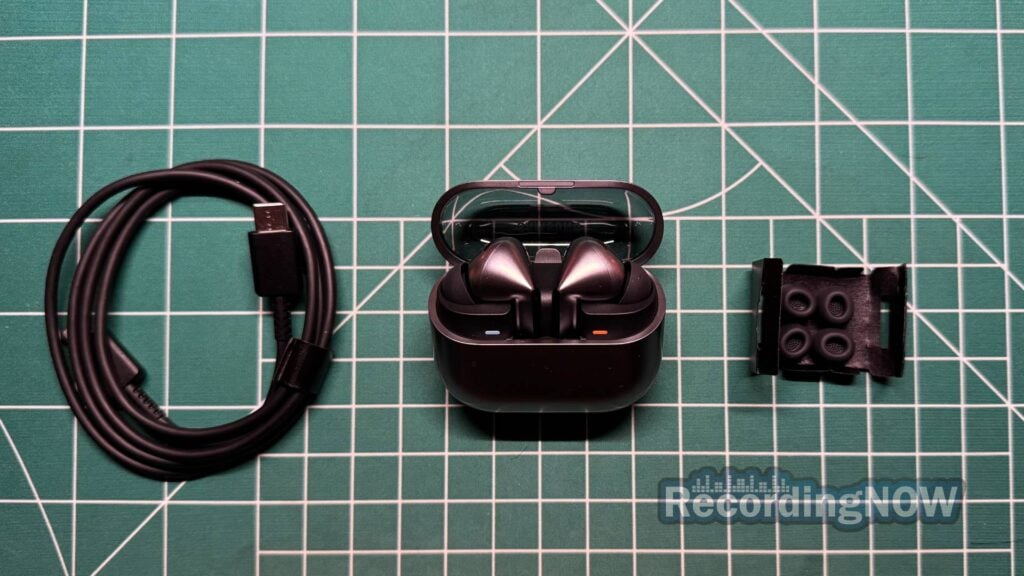 Samsung Galaxy Buds 3 Pro included accessories of USB-C cable and additional eartip sizes
