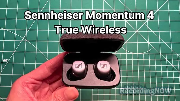 Holding Sennheiser Momentum True Wireless 4 earbuds in hand