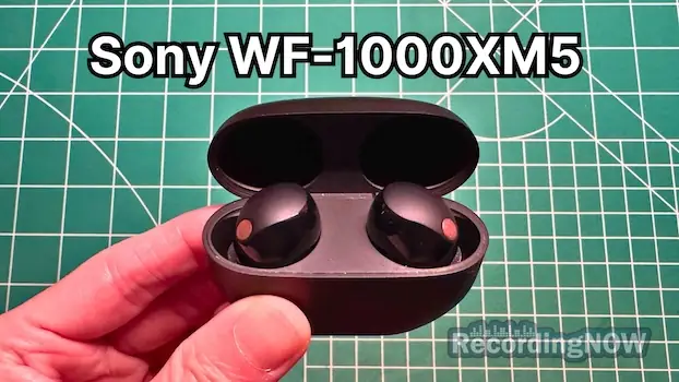 Holding Sony WF-1000XM5 wireless noise cancelling earbuds in hand