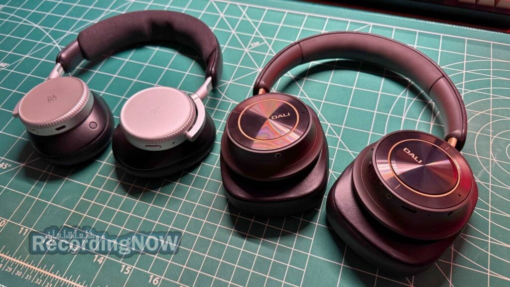 Bang & Olufsen Beoplay H100 and Dali IO-12 wireless noise cancelling headphones on desk