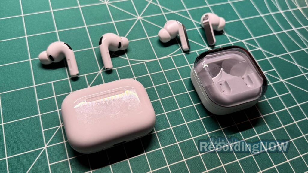 Apple AirPods Pro 3rd Generation and Samsung Galaxy Buds4 Pro charging case and earbuds side by side
