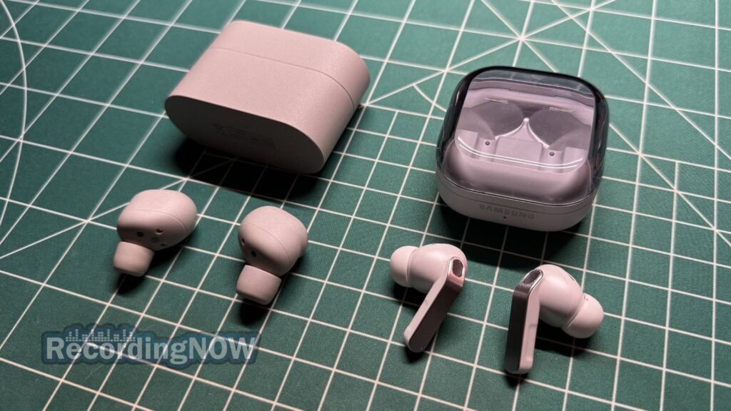 Sony WF 1000XM6 earbuds and charging case next to Samsung Galaxy Buds4 Pro earbuds and charging case