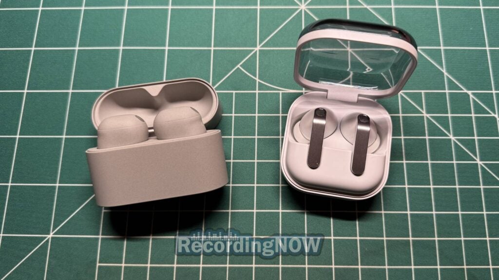 Sony WF-1000XM6 charging case next to Samsung Galaxy Buds4 Pro charging case