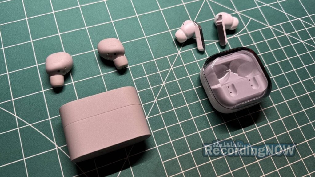Sony XM6 earbuds and charging case next to Samsung Galaxy Buds 4 Pro Earbuds and charging case