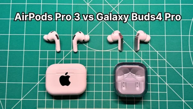 Apple AirPods Pro 3 vs Samsung Galaxy Buds 4 Pro earbuds side by side comparison