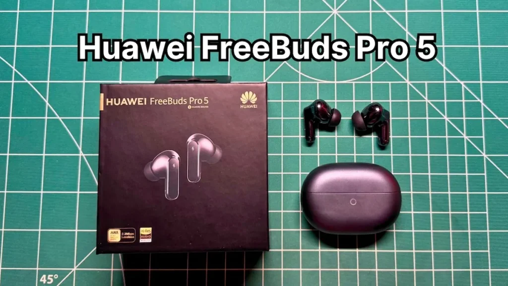 Huawei FreeBuds Pro 5 wireless earbuds and charging case next to box