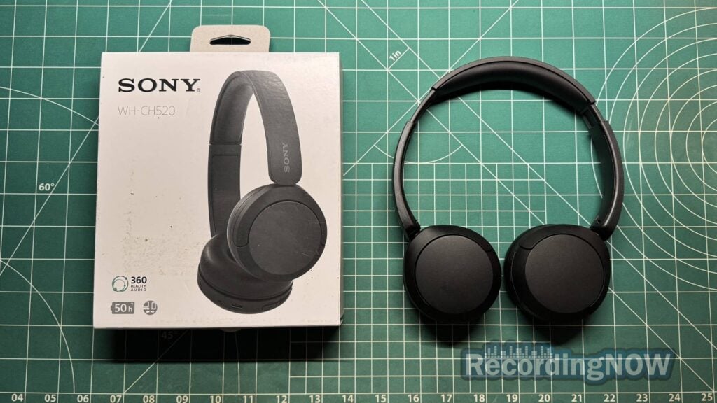 Sony WH-CH520 on-ear wireless headphones next to original box packaging