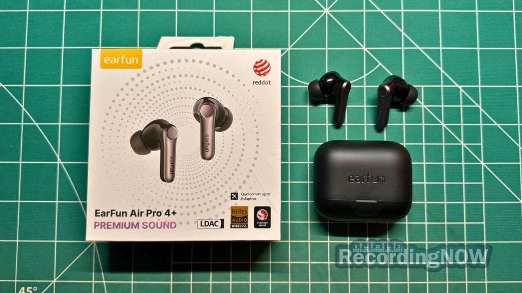 EarFun Air Pro 4+ in black next to original box packaging