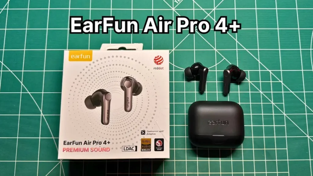 EarFun AirPro 4+ wireless noise cancelling earbuds next to original box packaging