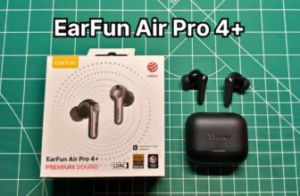 EarFun AirPro 4+ wireless noise cancelling earbuds next to original box packaging
