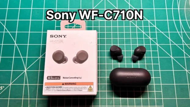 Sony WF-C710N wireless noise cancelling earbuds next to original box packaging