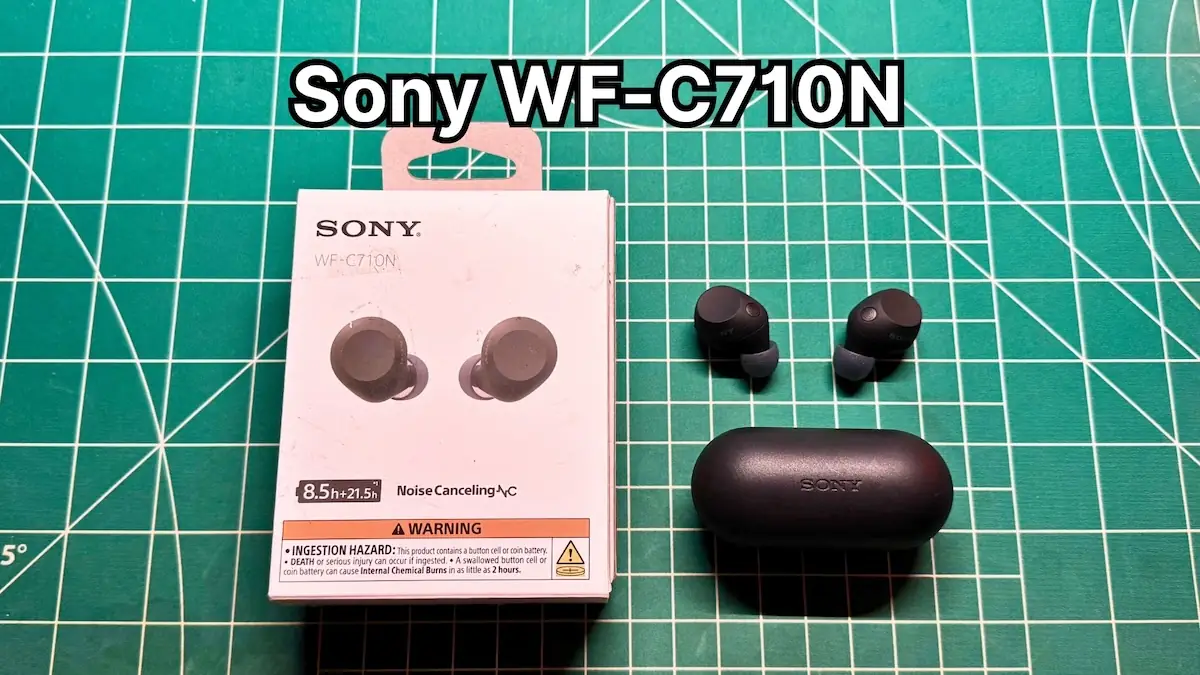 Sony WF-C710N wireless noise cancelling earbuds next to original box packaging