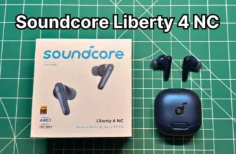 Anker Soundcore Liberty 4 NC wireless noise cancelling earbuds in blue next to original box packaging