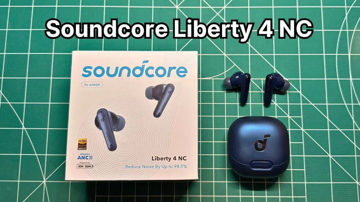 Anker Soundcore Liberty 4 NC wireless noise cancelling earbuds in blue next to original box packaging