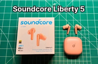 Soundcore Liberty 5 wireless noise cancelling earbuds in pink next to original box packaging