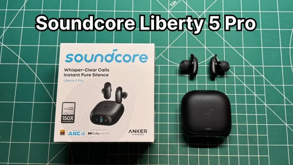 Anker Soundcore Liberty 5 Pro wireless noise cancelling earbuds next to charging case and original box packaging